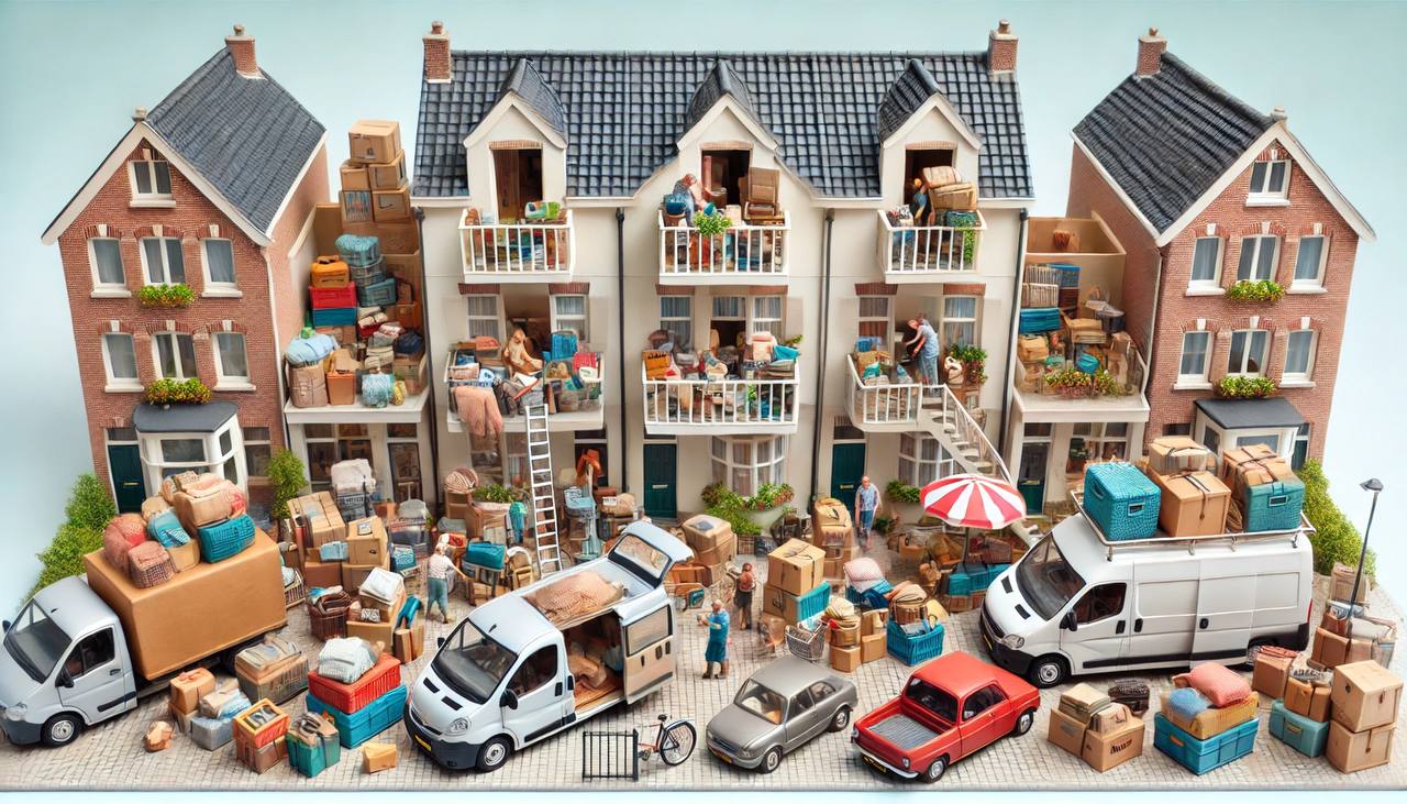 woningen naast elkaar met verhuis goederen en wagens